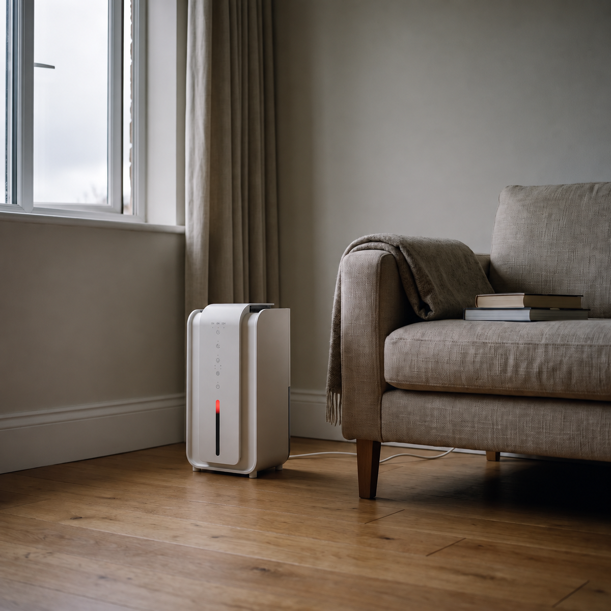 Morven Sprig compact dehumidifier on the floor beside an armchair in a living room