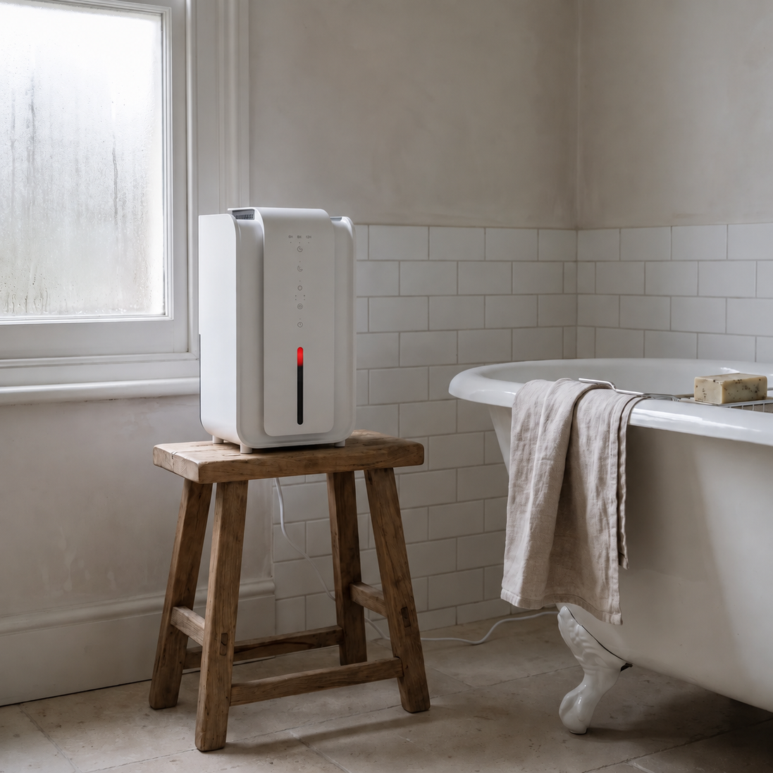 Morven Sprig compact dehumidifier on a wooden stool beside a bath