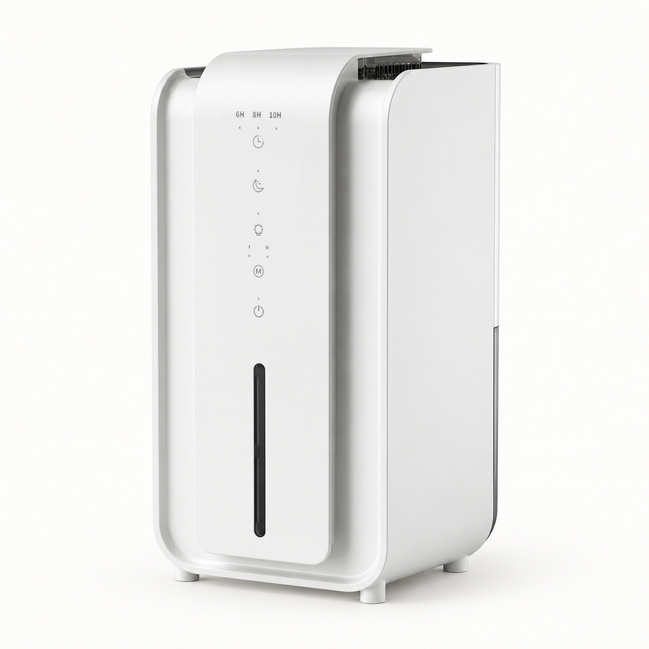 Morven Sprig compact dehumidifier in white, front view on a plain background