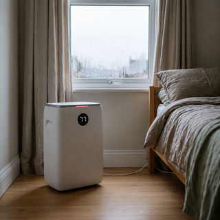 Morven Vale dehumidifier beside a bedroom window with a bed behind it