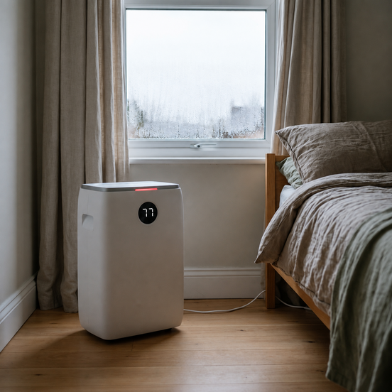 Morven Vale dehumidifier beside a bedroom window with a bed behind it