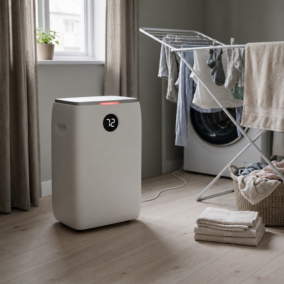 Morven Vale dehumidifier drying laundry on an airer in a utility room