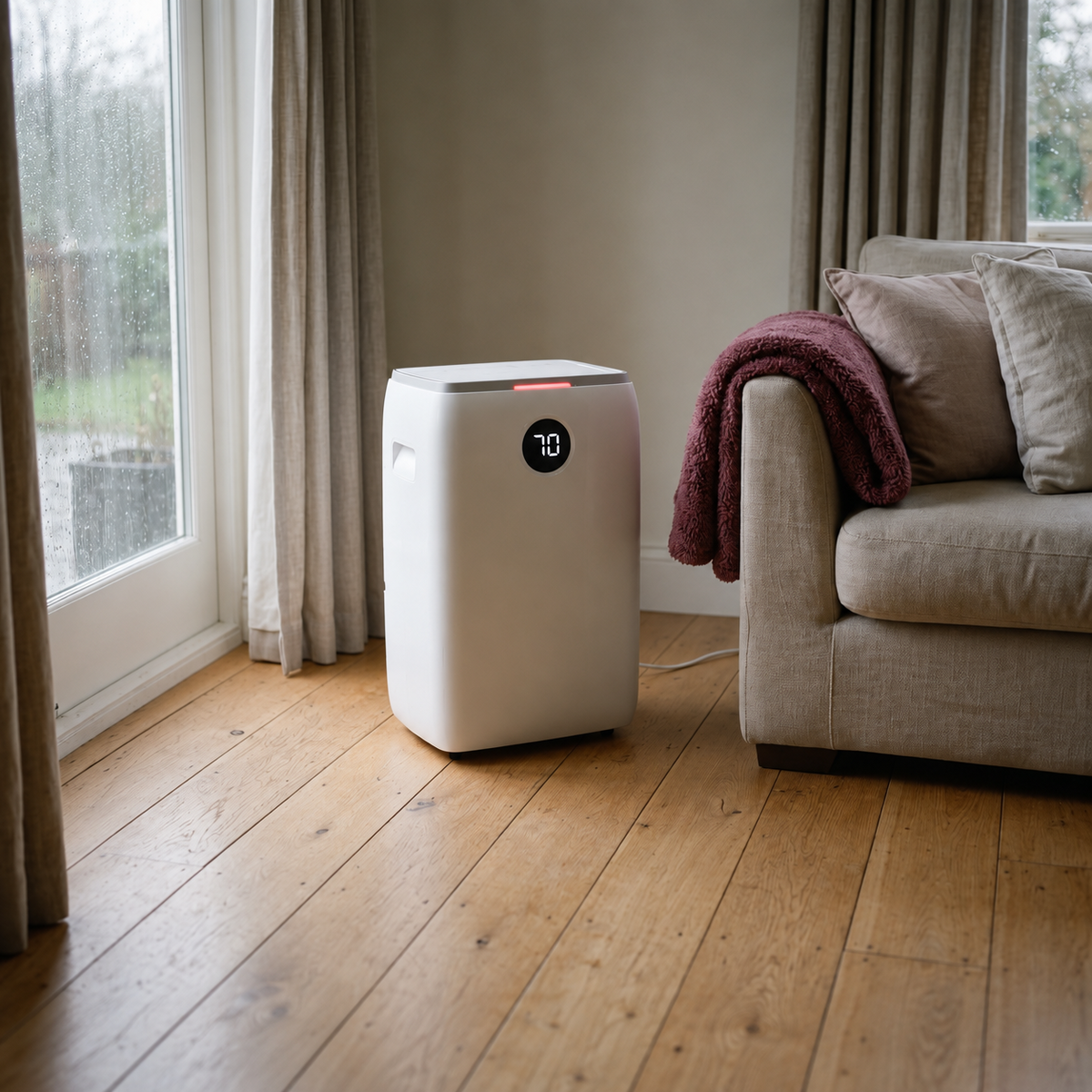Morven Vale dehumidifier on floorboards beside an armchair in a living room