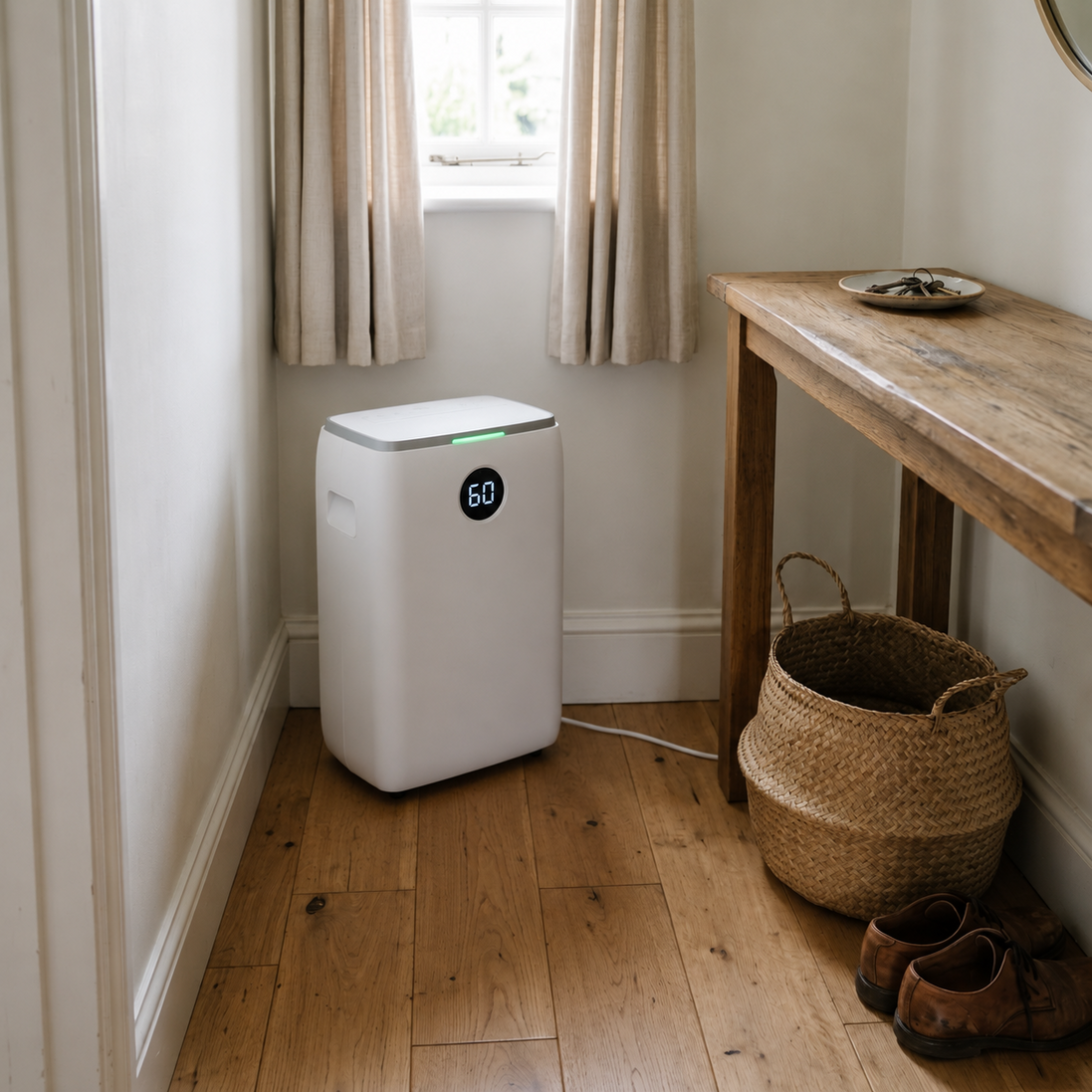 Morven Vale dehumidifier in a hallway beside a console table