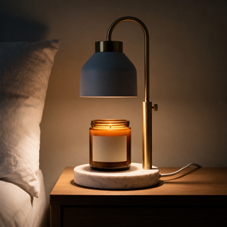 Morven Willow candle warmer lamp lit on a bedside table at night
