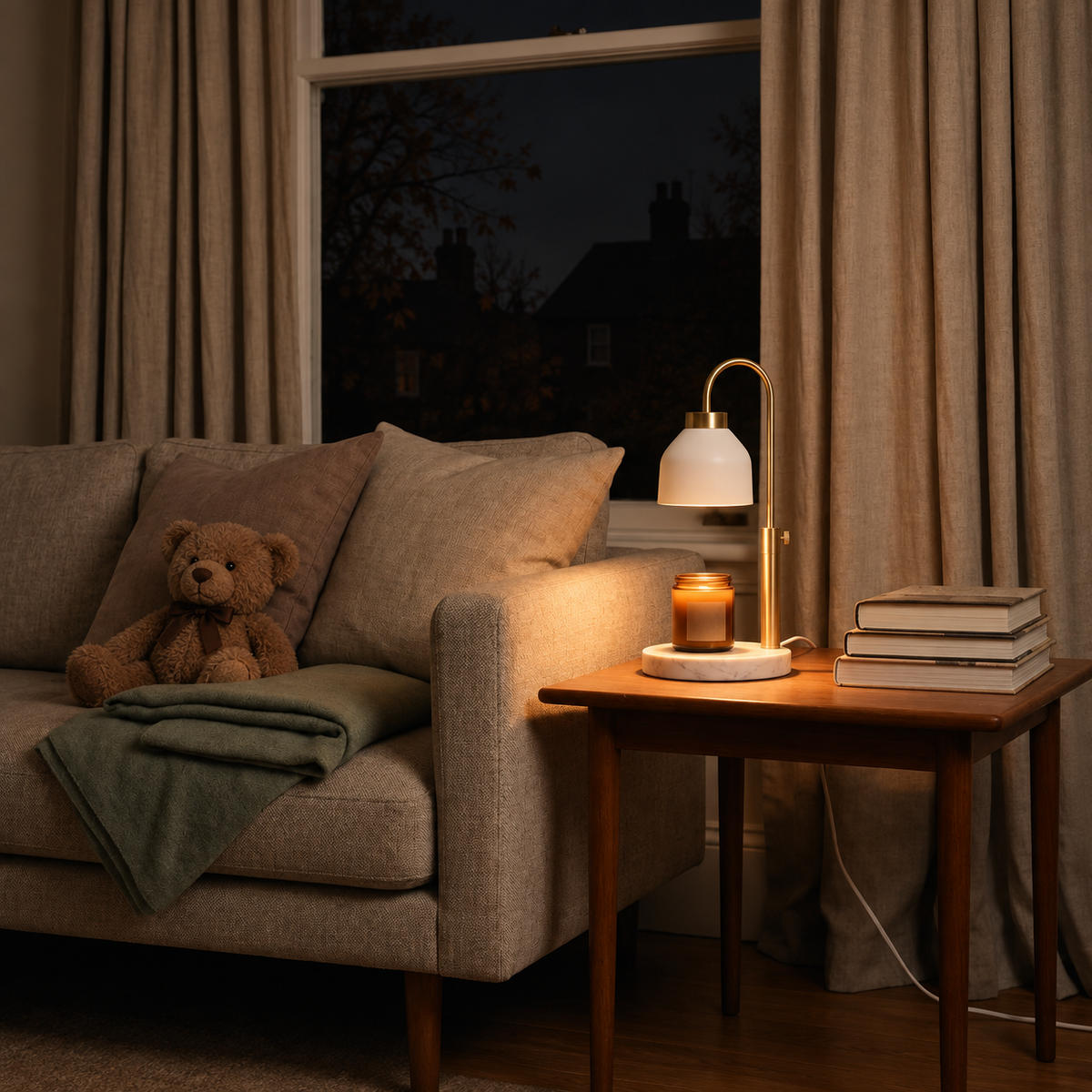 Morven Willow candle warmer lamp lit on a side table beside a sofa