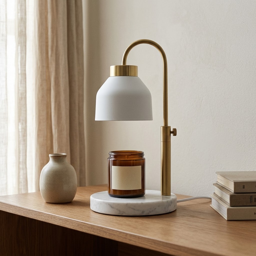 Morven Willow candle warmer lamp lit on a console table beside ceramic vases