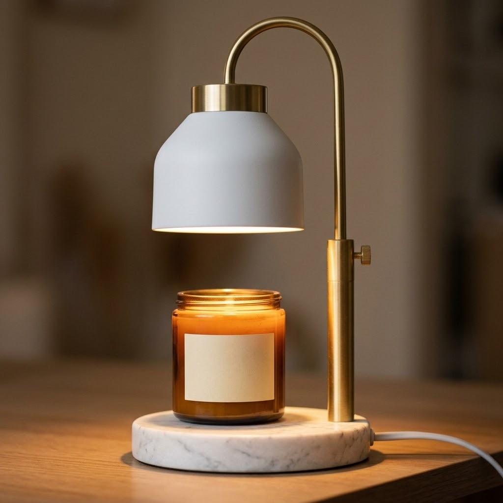 Close view of the Morven Willow candle warmer lamp warming a candle on a marble surface