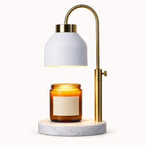 Morven Willow candle warmer lamp in white with a marble base, on a plain background