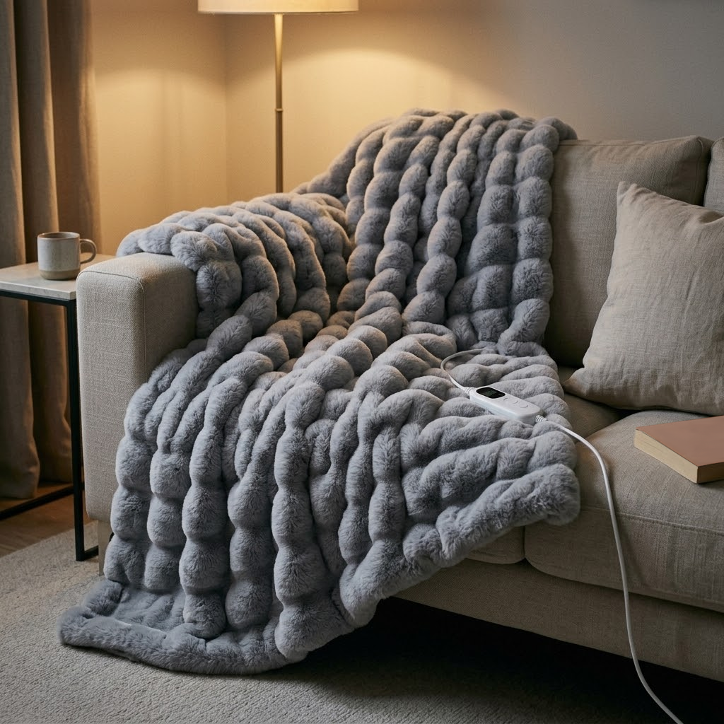 Morven Wrap heated throw over a sofa in a living room at night