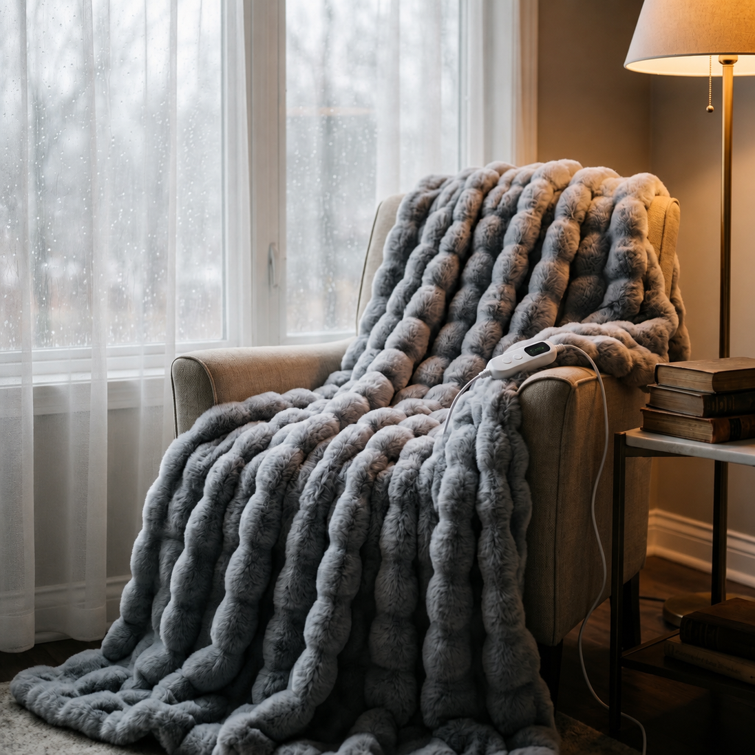 Morven Wrap heated throw draped over an armchair beside a window