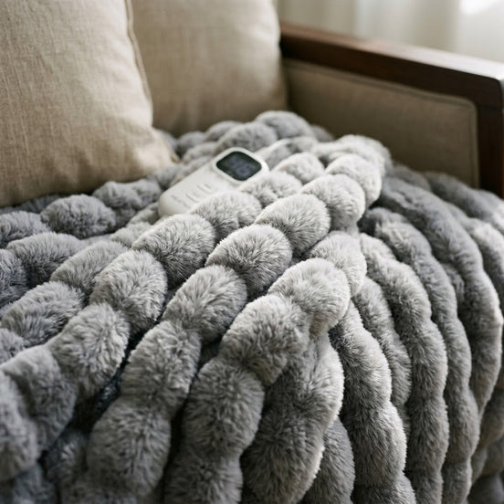 Close view of the Morven Wrap heated throw's faux fur texture with its controller