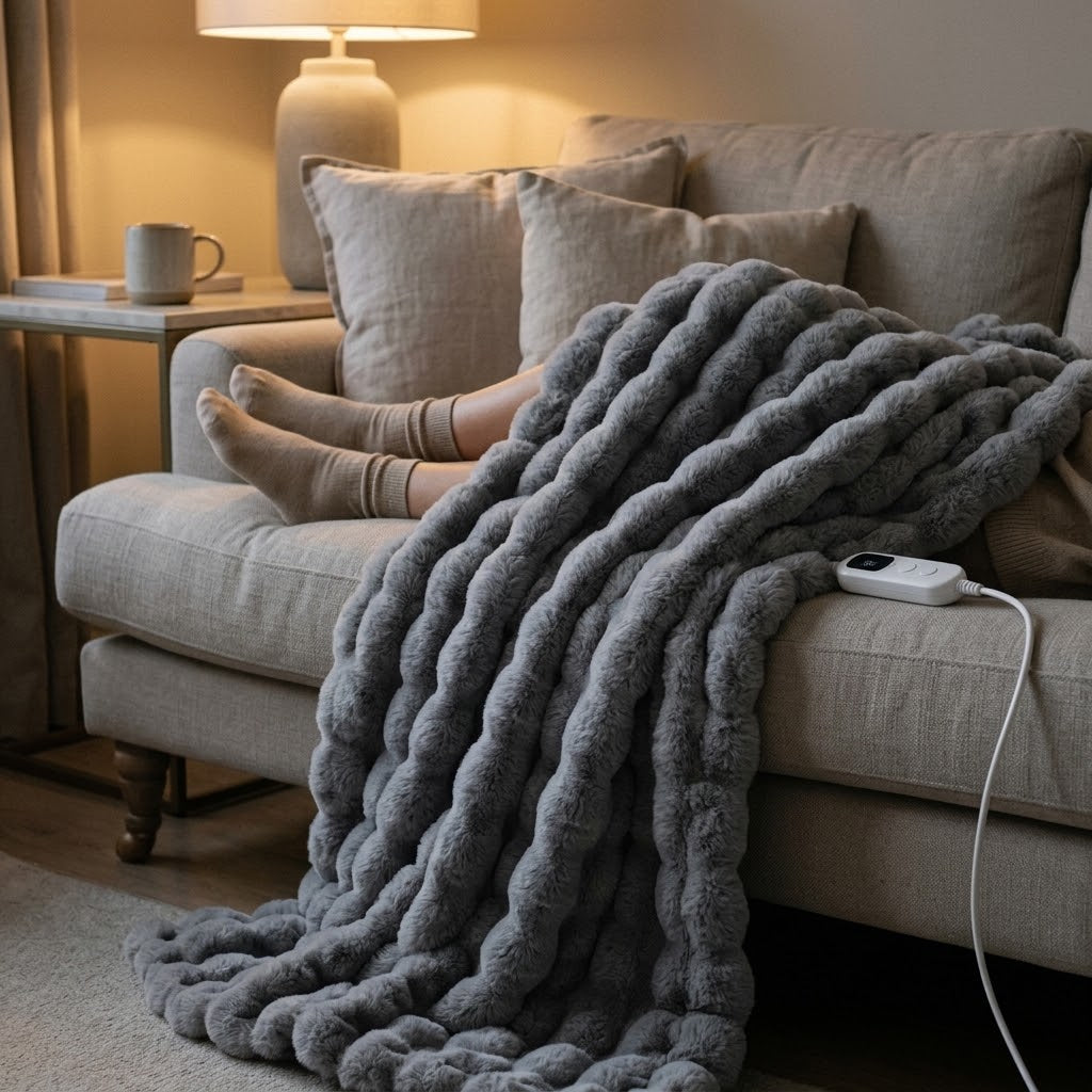 Morven Wrap heated throw spread over a sofa in a living room