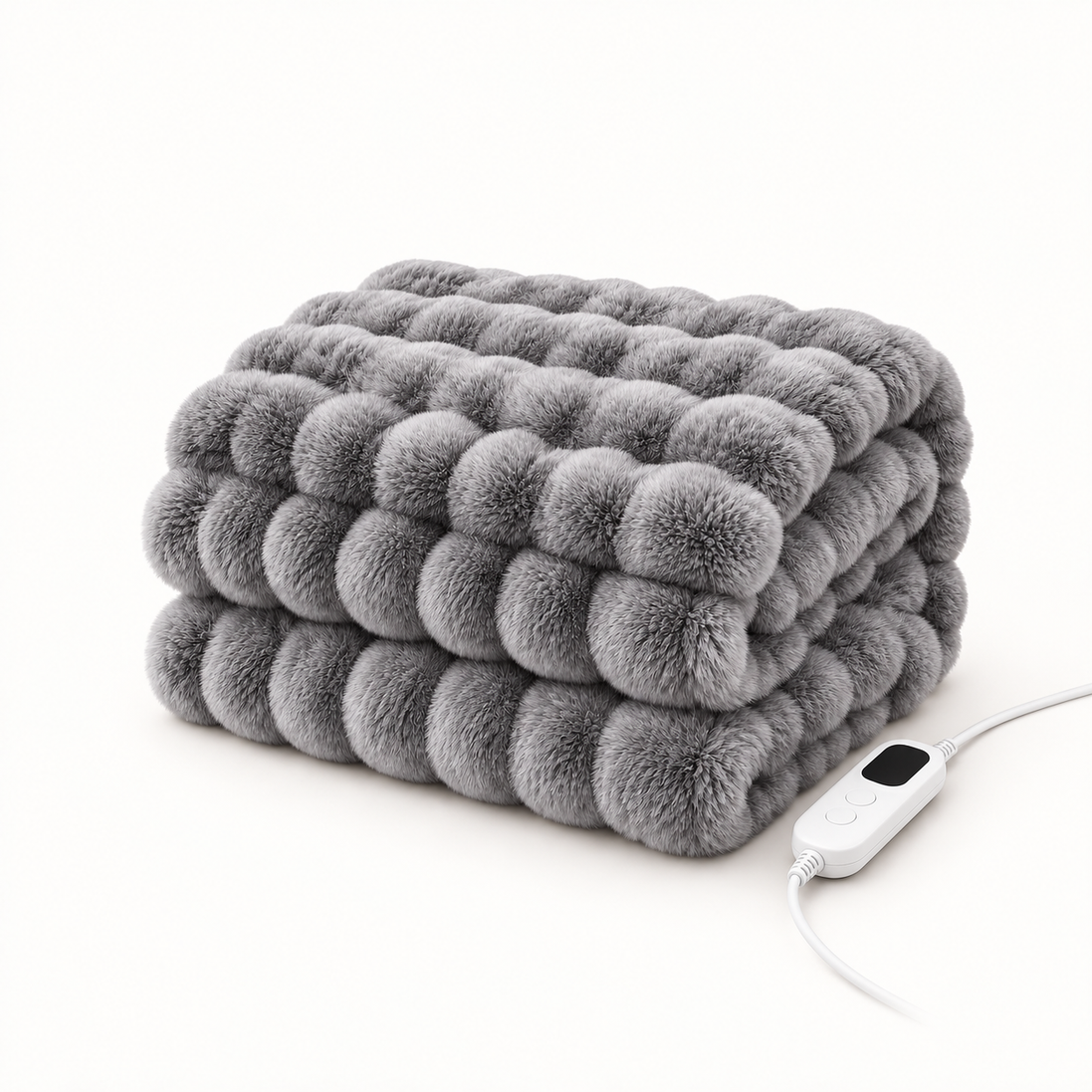 Morven Wrap heated throw in grey, folded with its controller, on a plain background
