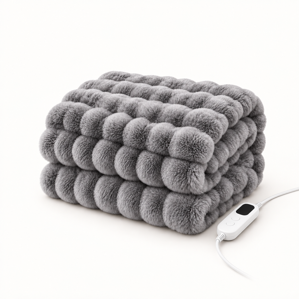 Morven Wrap heated throw in grey, folded with its controller, on a plain background