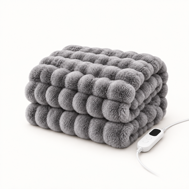 Morven Wrap heated throw in grey, folded with its controller, on a plain background