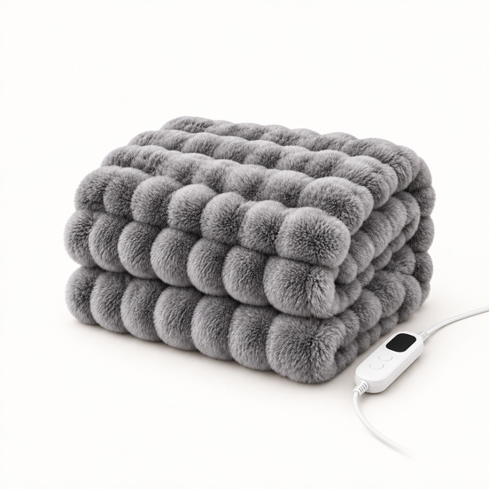 Morven Wrap heated throw in grey, folded with its controller, on a plain background